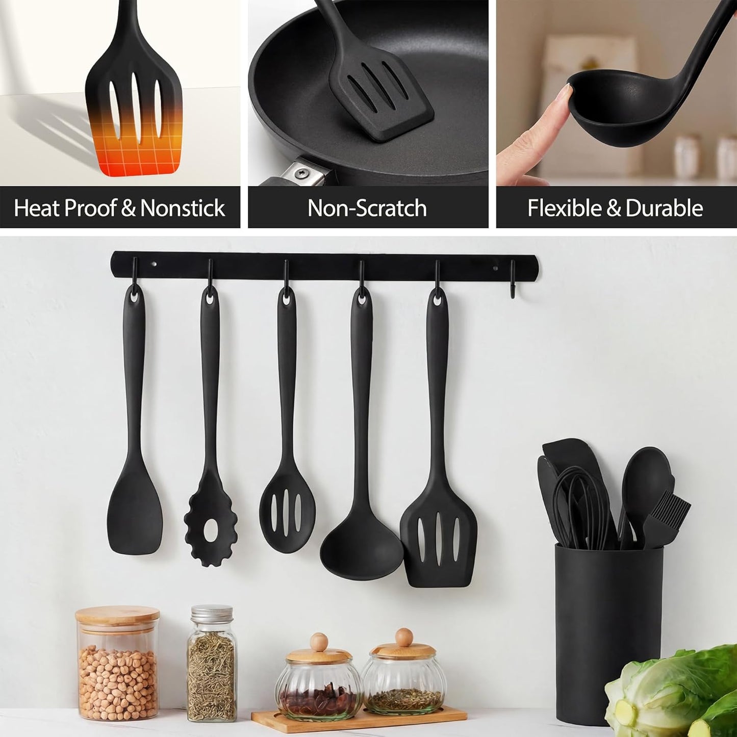 LIANYU 14 Pcs Silicone Kitchen Utensils Set with Holder, 446°F Heat Resistant Silicone Cooking Kitchen Utensils Spatula Set, Non-Stick & Dishwasher Safe Cooking Tools, Comfort Grip Handle, Black
