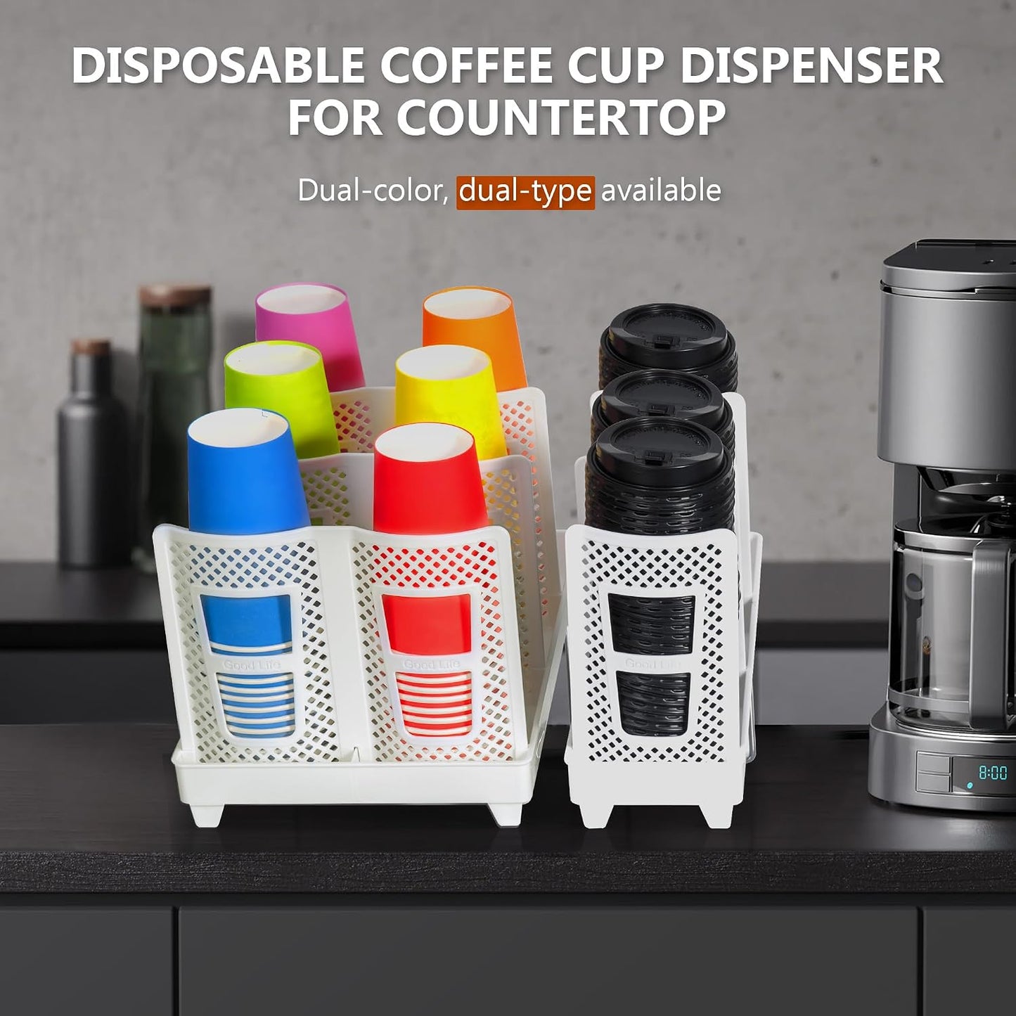 Paper Cup and Lid Holder, Disposable Coffee Cup Dispenser, 3-Slot Upright Paper Cup Dispenser for Coffee Stations, Kitchens, Bars, Restaurants, Lounges (Black)