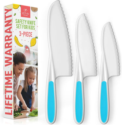 Zulay Kitchen 3-Piece Kids Knife Set for Real Cooking & Baking - Toddler Knives for Cutting Fruits, Veggies, & Cake - Children’s Montessori Knive with Serrated Edges - Safe & Fun Lettuce Knife (Red)