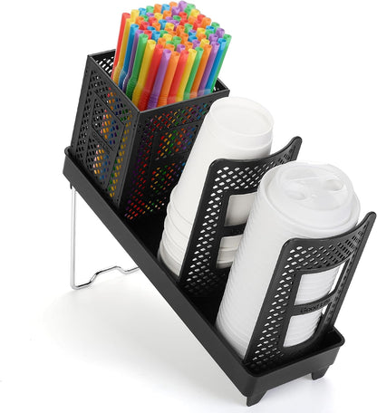Coffee Cup Dispenser with Straws Holder, Plastic Coffee Cup and Lid Holder, 5-20oz Disposable Paper Cups Organizer for Countertop, Station, Bar, Office, Restaurant, Breakroom(3 Compartments)