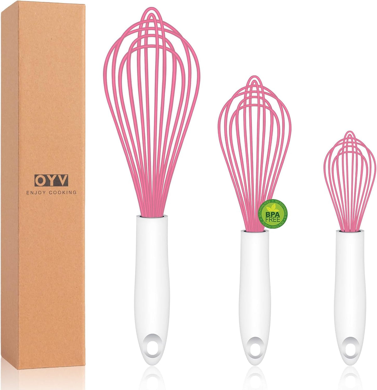 OYV Dishwasher Safe Silicone Whisk, Sealed Waterproof Design Set of 3, Professional Kitchen Whisks for Cooking Non-Scratch, Silicone & Stainless Steel Whisk, Heat Resistant Balloon Egg Beater, Black