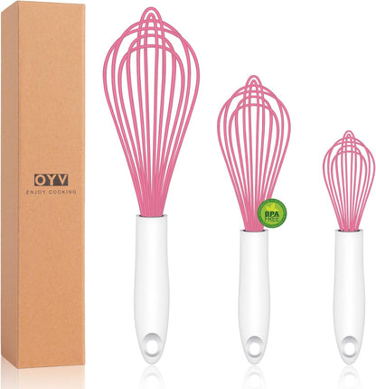 OYV Dishwasher Safe Silicone Whisk, Sealed Waterproof Design Set of 3, Professional Kitchen Whisks for Cooking Non-Scratch, Silicone & Stainless Steel Whisk, Heat Resistant Balloon Egg Beater, Black