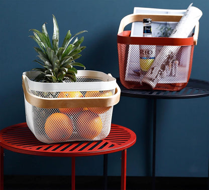AJIODA Metal Mesh Steel Basket, Storage Organizer Basket Multi-functional Hanging Kitchen Baskets Fruit Basket Bin with Bamboo Handle for Kitchen Bathroom Picnic Shopping Decor Cabinet Home, Blue