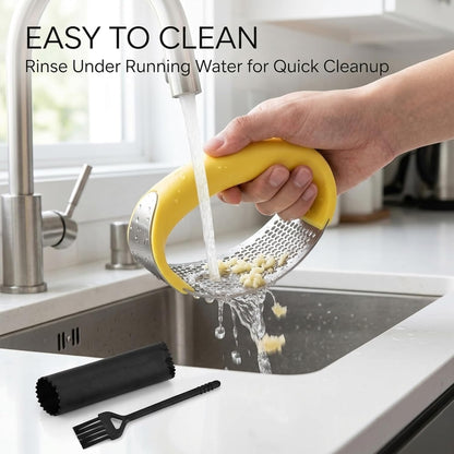 Angel's Peel Lounge Stainless Steel Garlic Press Rocker Set with Silicone Garlic Peeler & Cleaning Brush – Garlic Chopper, Mincer, Grater, Crusher – Easy for Crushed Cloves – Rust-Resistant, Black