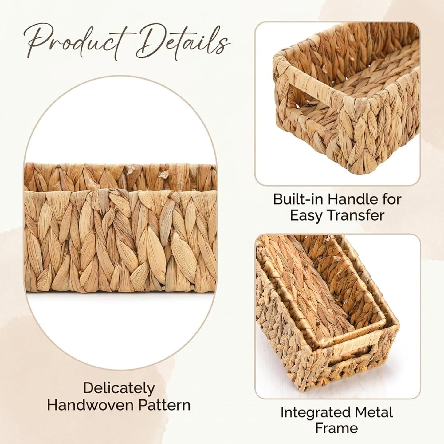 Eorbow 2 Pack Wicker Storage Baskets, Water Hyacinth Holder for Toilet Paper, Rectangular Natural Bins with Built-in Handles, Handwoven Organizer for Bathroom Kitchen Pantry Tank Top, 2 Sizes