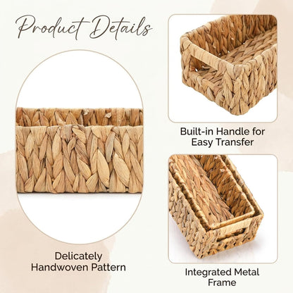 Eorbow 2 Pack Wicker Storage Baskets, Water Hyacinth Holder for Toilet Paper, Rectangular Natural Bins with Built-in Handles, Handwoven Organizer for Bathroom Kitchen Pantry Tank Top, 2 Sizes