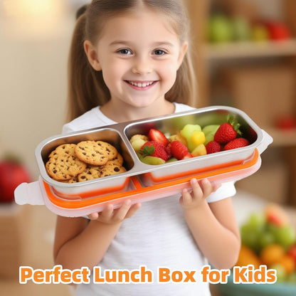 Stainless Steel Snack Containers with Lids, Reusable Condiment Storage Box, Divided Food Storage for School, Home, Travel, Multiple Compartment Leak-Proof Box (‎3 Compartment)