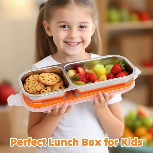 Stainless Steel Snack Containers with Lids, Reusable Condiment Storage Box, Divided Food Storage for School, Home, Travel, Multiple Compartment Leak-Proof Box (‎3 Compartment)
