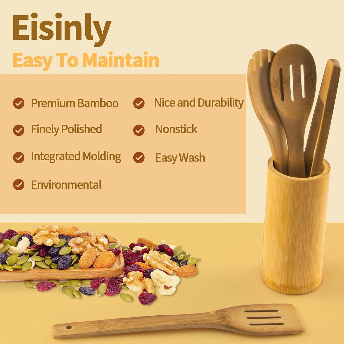 Eisinly 7-Piece Wooden Cooking Spoons, Natural Bamboo Utensil Set