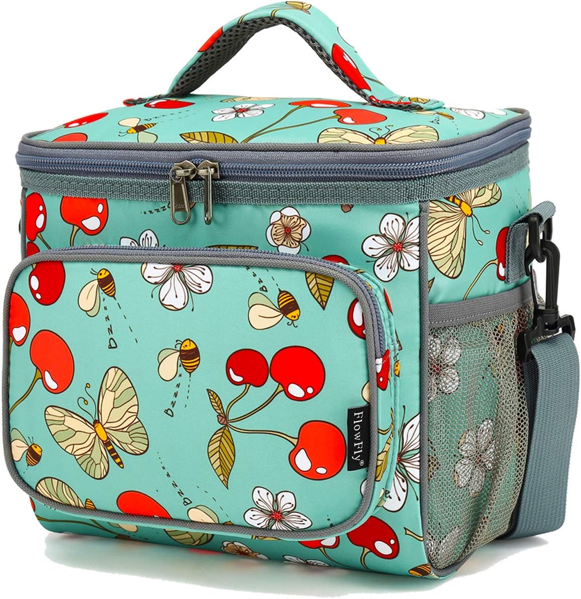 FlowFly Insulated Reusable Lunch Bag Adult Large Lunch Box for Women and Men with Adjustable Shoulder Strap,Front Zipper Pocket and Dual Large Mesh Side Pockets,Cherry - Colors A