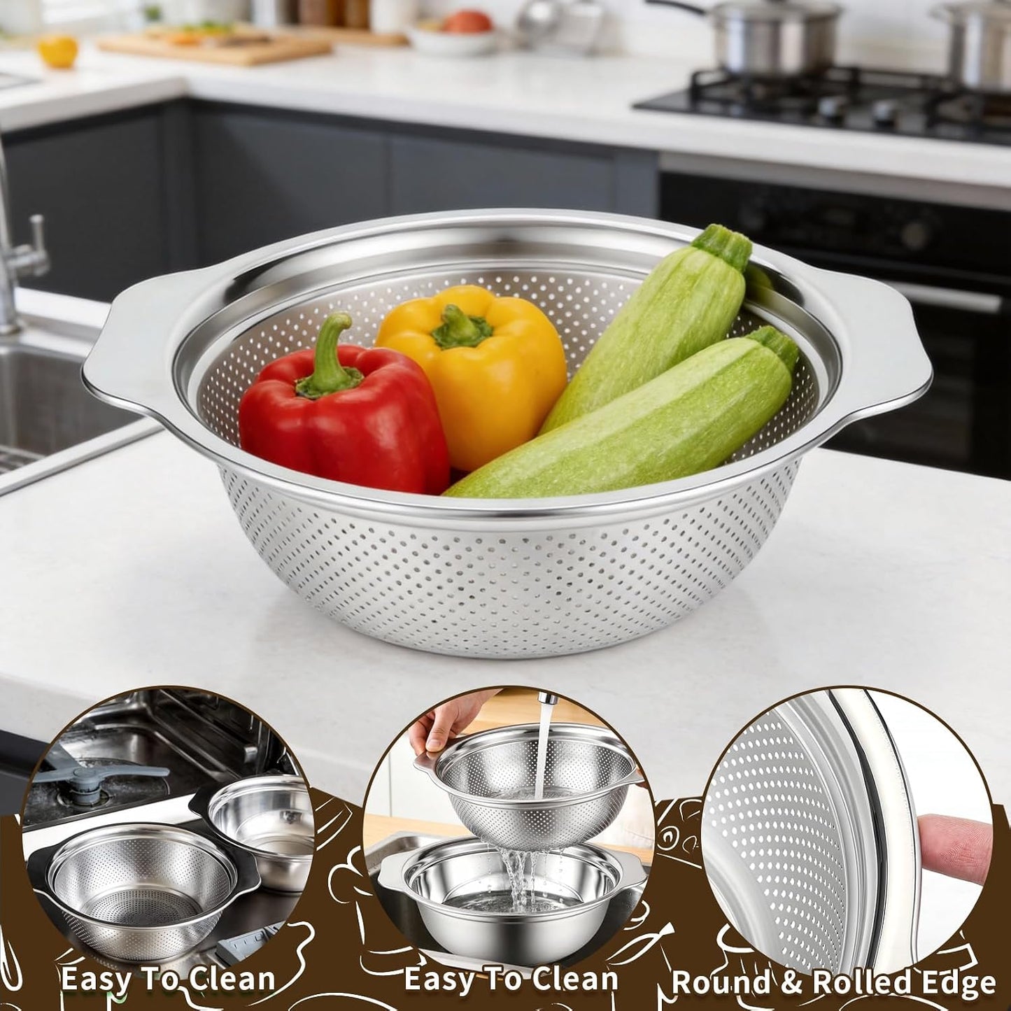 3-in-1 Stainless Steel Colander with Bowl Set – 11.4 Inch Large Fruit Washing Basket & Food Strainer, Multifunctional Drain Basket for Kitchen, Pasta, Vegetable, Rice
