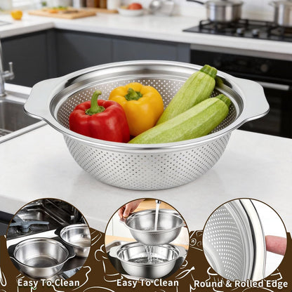 3-in-1 Stainless Steel Colander with Bowl Set – 11.4 Inch Large Fruit Washing Basket & Food Strainer, Multifunctional Drain Basket for Kitchen, Pasta, Vegetable, Rice