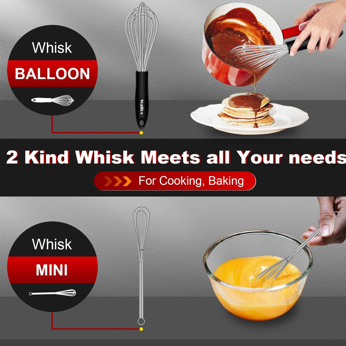 Walfos Whisk,304 Stainless Steel whisk,No-Rust 7+9+11inch Whisks for cooking Nice for Blending,Whisking,Beating.Heat resistant 600°F Dishwasher Safe. Heavy duty kitchen whisk.SILVER