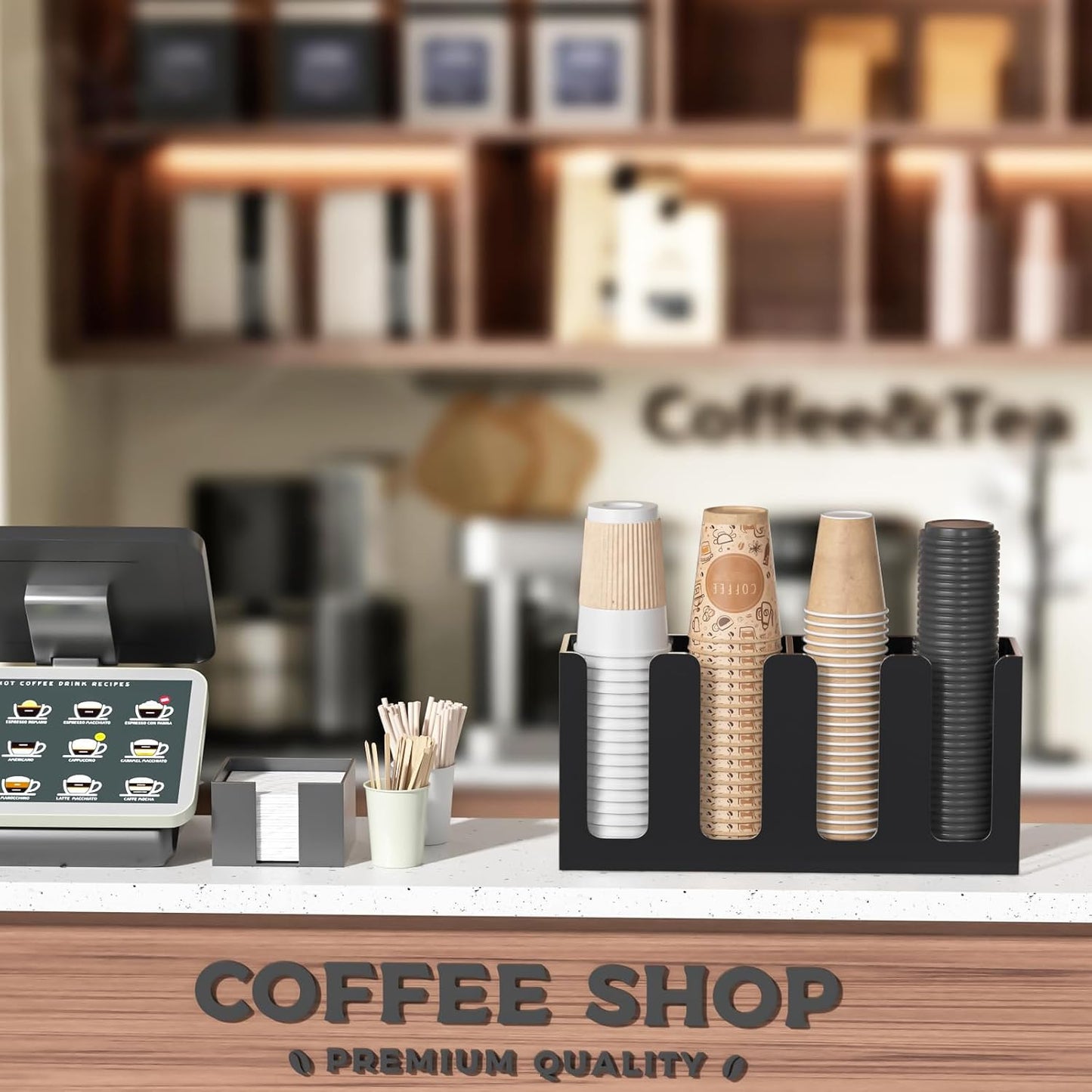 WINFFOR Disposable Cup Organizer Dispenser - 2 Compartments Clear Acrylic Cup and Lid Holder with Handles Plastic Cup Dispenser Countertop Paper Cup Holder for Coffee Bar House Party Essentials