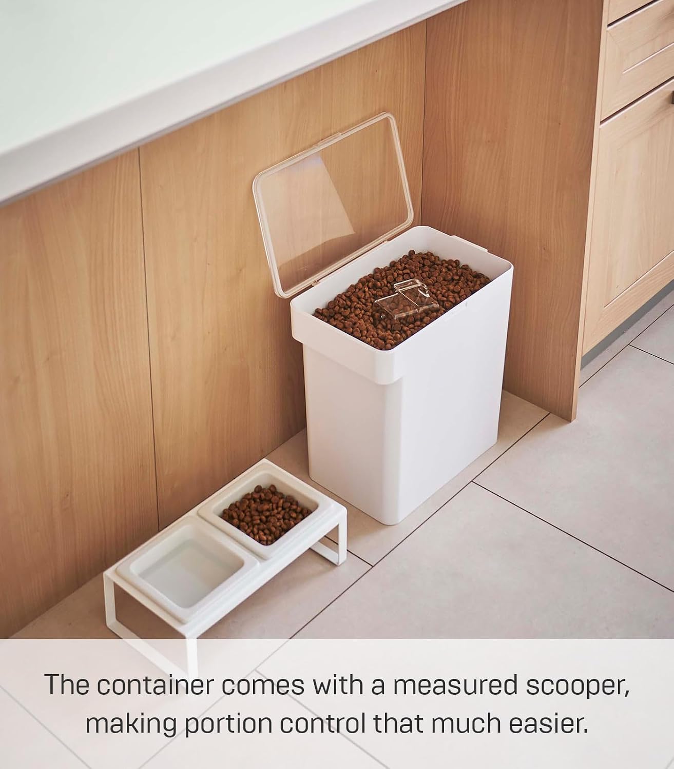 YAMAZAKI Home Tower Airtight Pet Food Storage Container - Cat And Dog Food Holder Bin With Transparent Lid And Handle - Extra Large - Polypropylene - 6.6 Gallons, 25 Liters