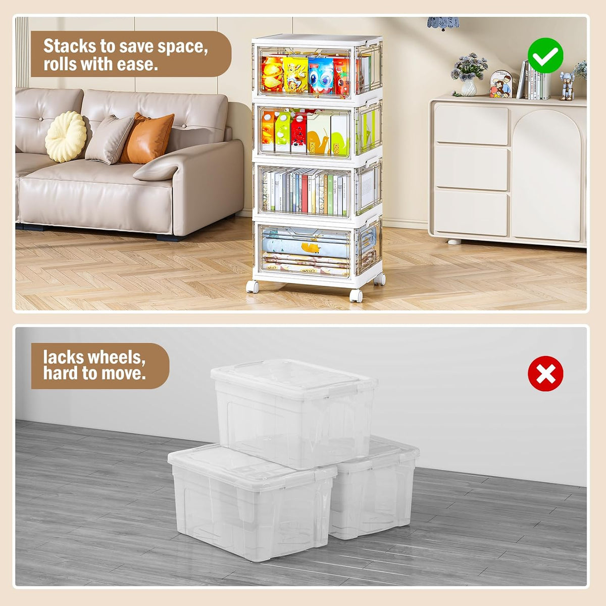 Kmiectse Clear Storage Bin with Lid 3 Pack 【Stackable & Sturdy】 Plastic Multifunctional Folding Storage Bins for Bedroom, Living Room, Study,Room, 23 QT Folding Box with Magnetic Door