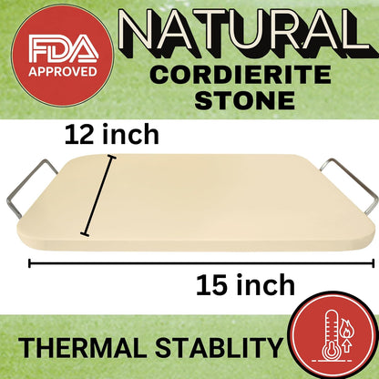 Pizza Stone for Oven and Grill Set - 5PCS Pizza Making Accessories Kit - 15 inch Pizza Stone with Handles, Pizza Peel, Pizza Cutter, Dough Tool - Baking Stone for Bread - Large Rectangular Oven Stones
