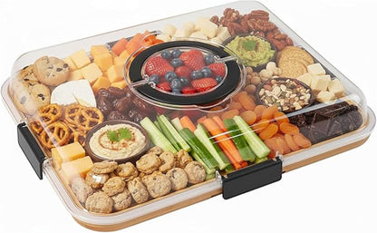 Bamboo Charcuterie Board with Clear Lid, Portable Serving Tray with Handles and Compartments, Cheese Board & Snack Platter for Parties, Travel & Entertaining.