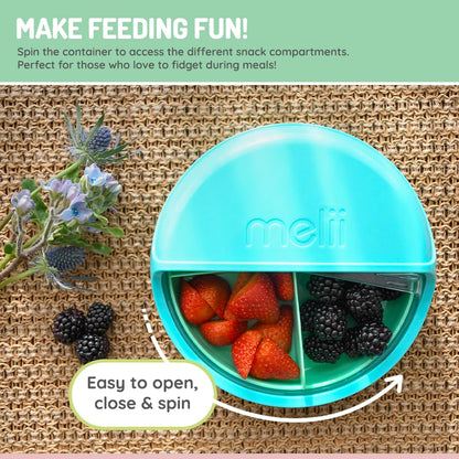melii Spin Snack Container | 3-Compartment Rotating Snack Box with Sliding Window, BPA-Free, Dishwasher Safe, Portable Snack Container for Kids Ages 3+ (Blue)