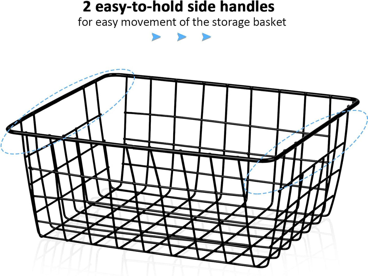 Metal Wire Baskets, Dveda 6 Pack 11.02" x 8.7" x 4.7" Durable Metal Storage Basket, Black Wire Basket with Handles for Cabinets, Pantry Storage, Bathroom, Shelf Organizing