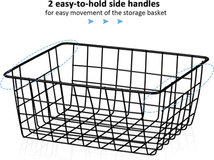 Metal Wire Baskets, Dveda 6 Pack 11.02" x 8.7" x 4.7" Durable Metal Storage Basket, Black Wire Basket with Handles for Cabinets, Pantry Storage, Bathroom, Shelf Organizing