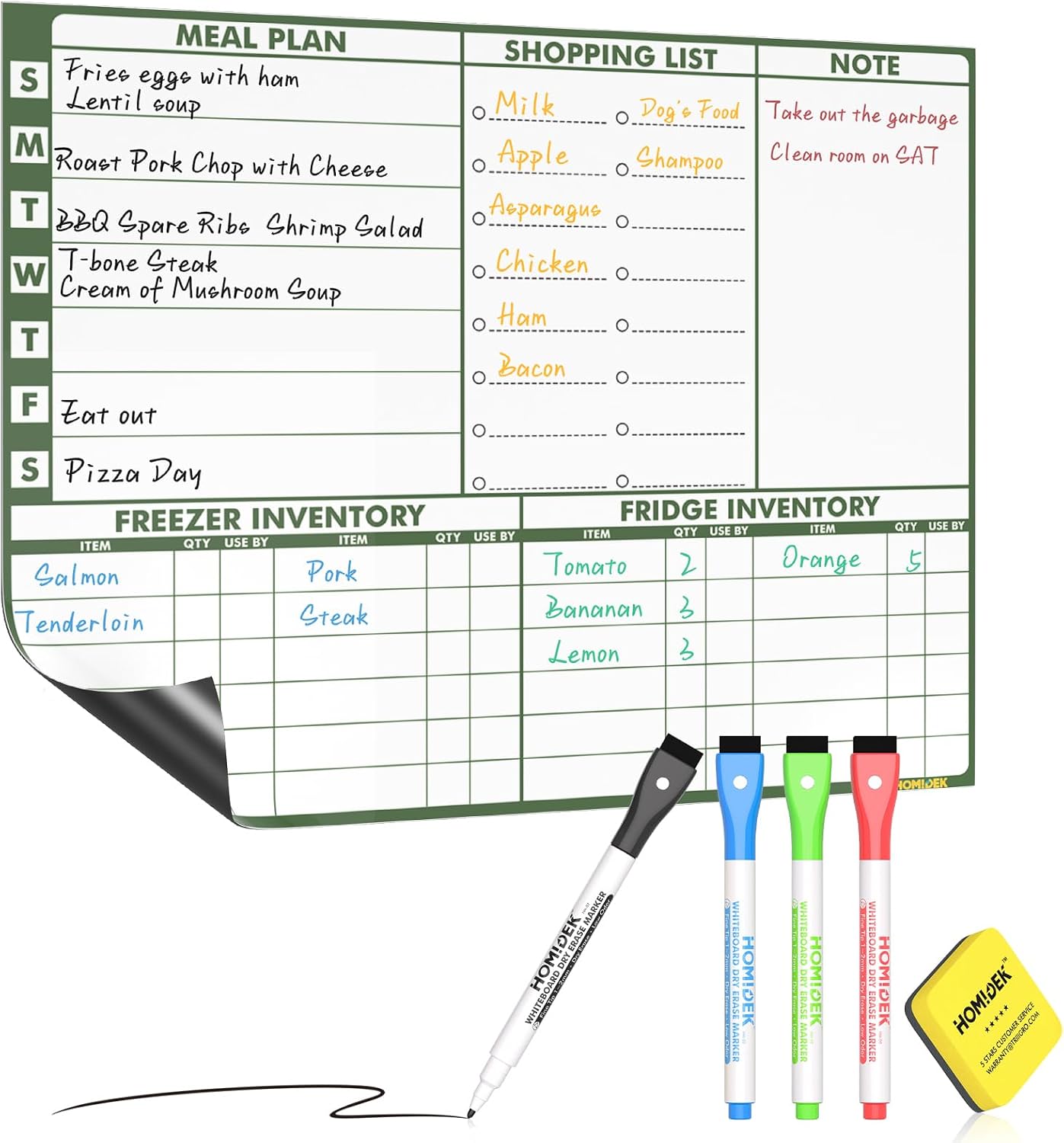 Magnetic Meal Planner Menu Board: Reusable Dry Erase Family Planning Board with Grocery List & Fridge Freezer Inventory List for Refrigerator, Dry Erase Markers and Eraser Included - 14x11 Inches