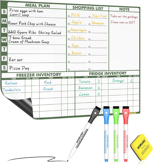Magnetic Meal Planner Menu Board: Reusable Dry Erase Family Planning Board with Grocery List & Fridge Freezer Inventory List for Refrigerator, Dry Erase Markers and Eraser Included - 14x11 Inches
