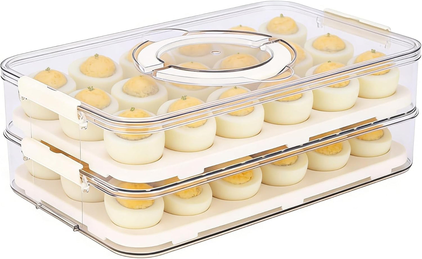 3Tier Deviled Egg Containers with Lid,Plastic Egg Container for Refrigerator with Handle,Deviled Egg Carrier for 72 Eggs,Kitchen,Festival Party, Stackable Egg Holder for Fridge (White)