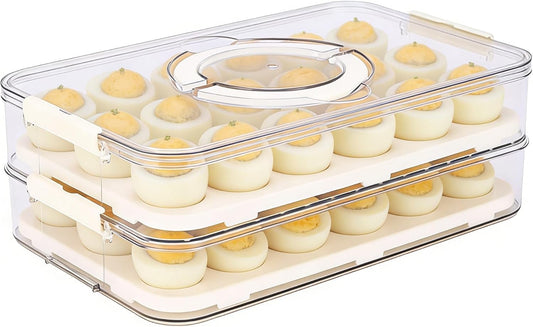 3Tier Deviled Egg Containers with Lid,Plastic Egg Container for Refrigerator with Handle,Deviled Egg Carrier for 72 Eggs,Kitchen,Festival Party, Stackable Egg Holder for Fridge (White)