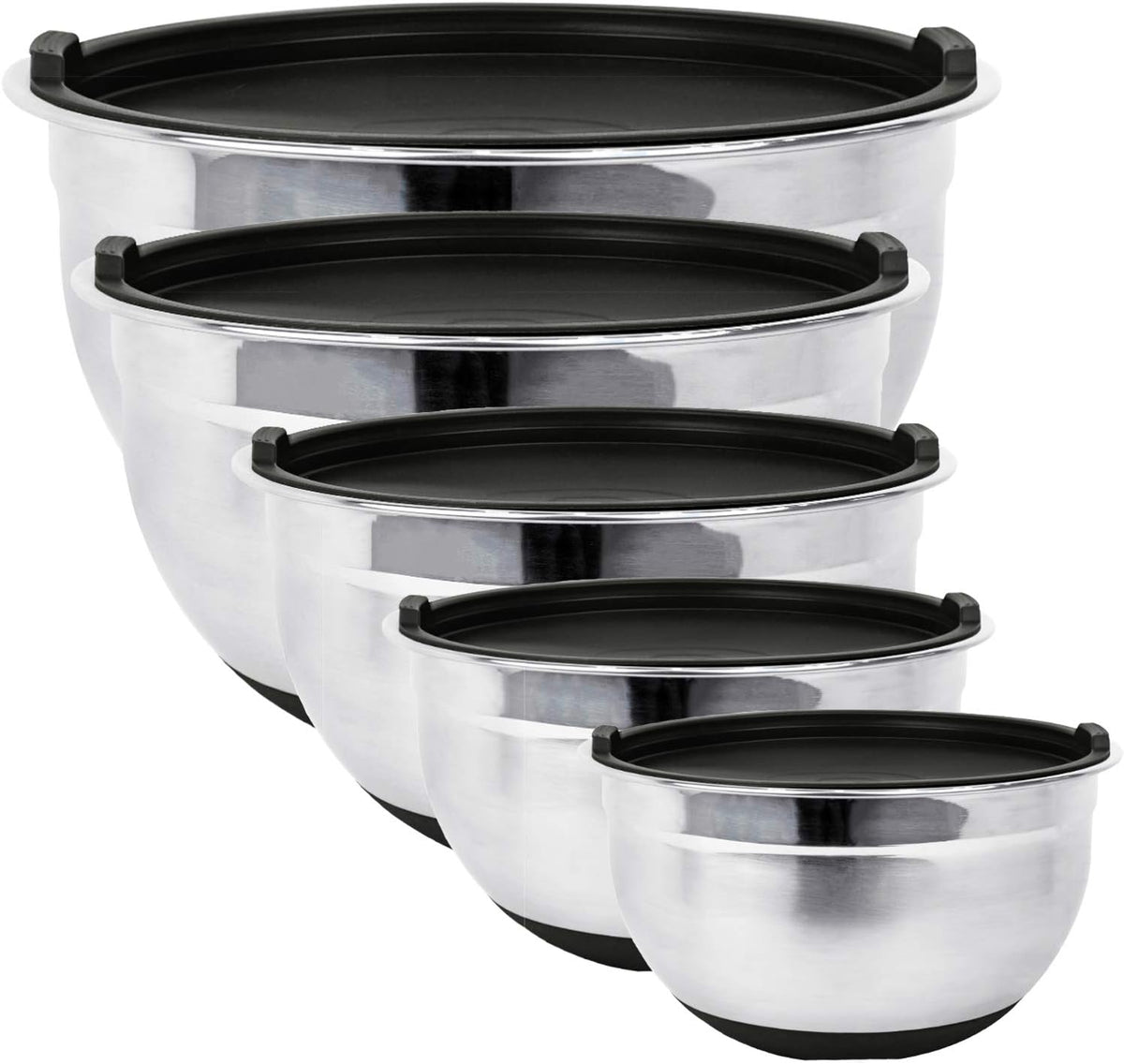 Stainless Steel Mixing Bowls with Lids and Non Slip Bases (Set of 5, Black)