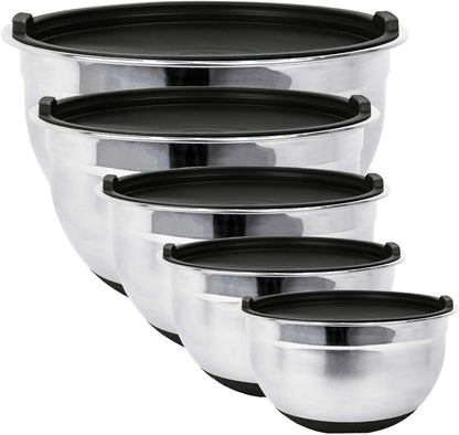Stainless Steel Mixing Bowls with Lids and Non Slip Bases (Set of 5, Black)