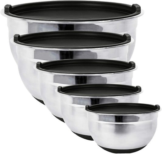 Stainless Steel Mixing Bowls with Lids and Non Slip Bases (Set of 5, Black)