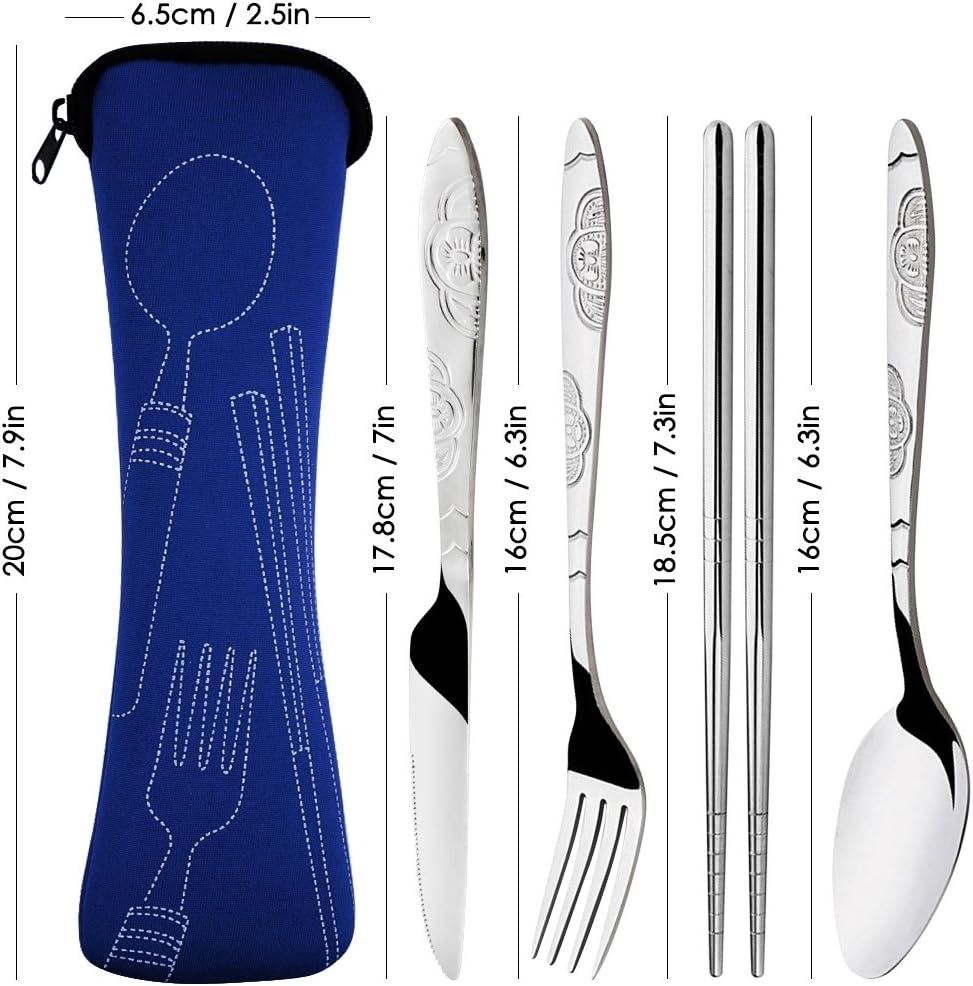 SENHAI 8 Pieces Flatware Sets Knife, Fork, Spoon, Chopsticks, 2 Pack Rustproof Stainless Steel Tableware Dinnerware with Carrying Case for Traveling Camping Picnic Working Hiking