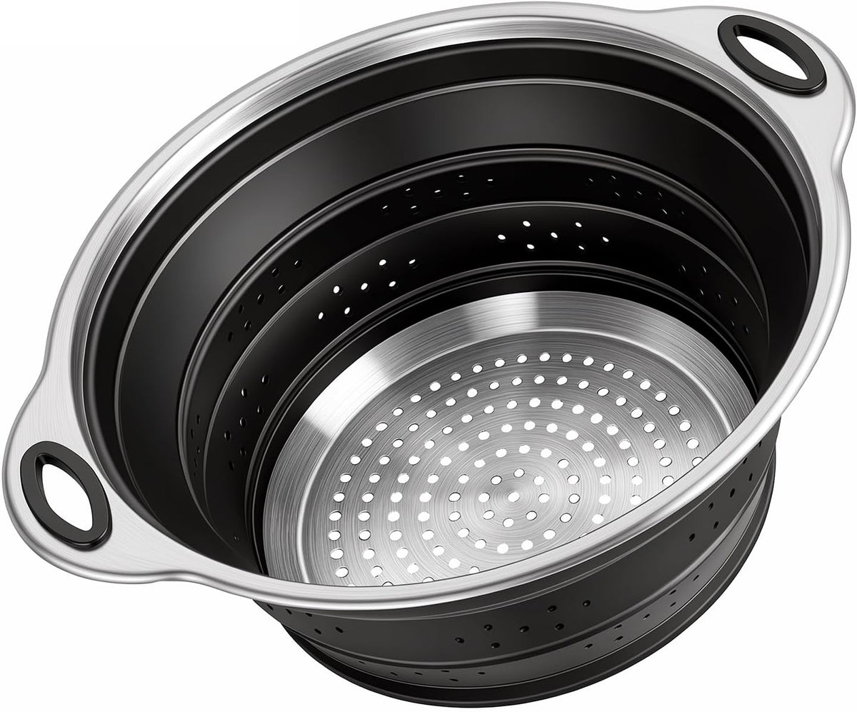 Collapsible Colander Set with Silicone Mat,2-in-1 Stainless Steel Colander for Kitchen, Foldable Metal Colander, Space-Saving for Pasta Veggies Fruit(NAVY BLUE)