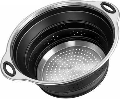Collapsible Colander Set with Silicone Mat,2-in-1 Stainless Steel Colander for Kitchen, Foldable Metal Colander, Space-Saving for Pasta Veggies Fruit(NAVY BLUE)