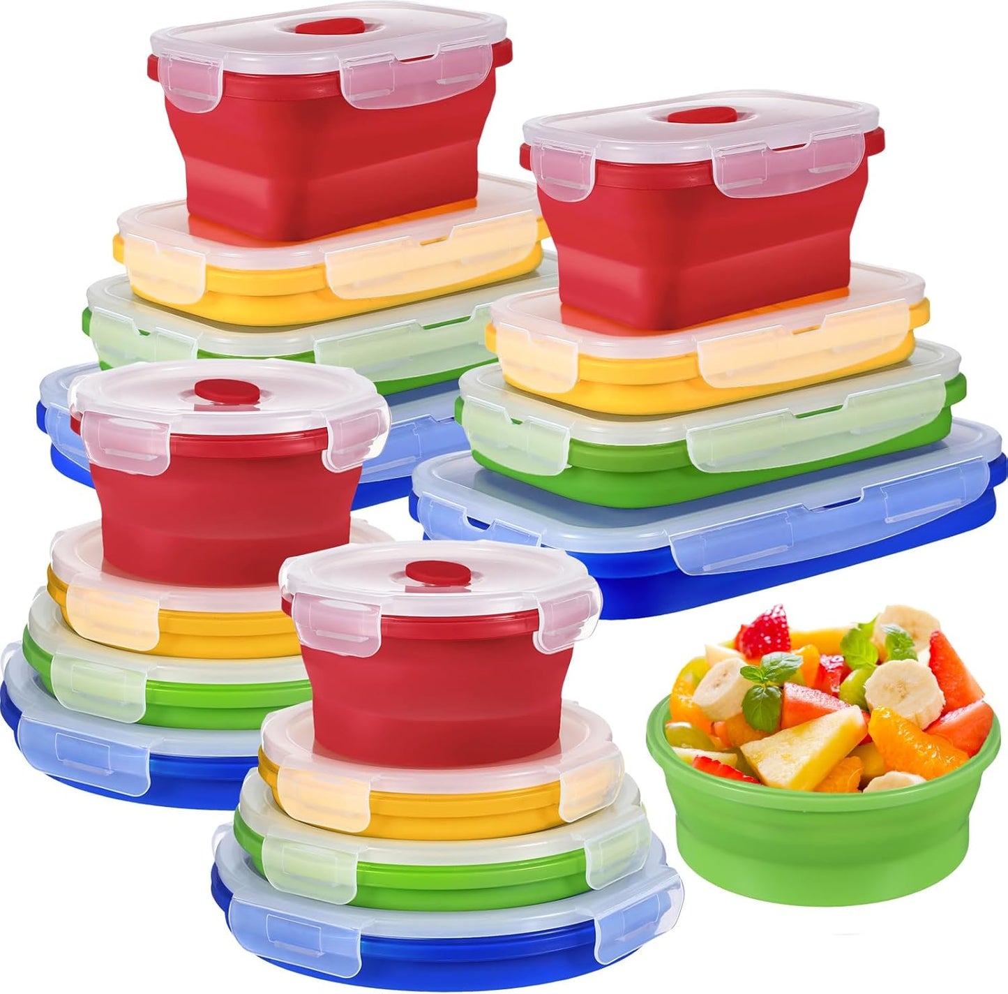 Yaomiao 16 Pack Collapsible Food Storage Containers with Lid Foldable 8 Pcs Rectangle Storage Bowl and 8 Pcs Round Silicone Food Bow for Lunch Rv Accessories Microwave Freezer Safe(Gray, Blue)