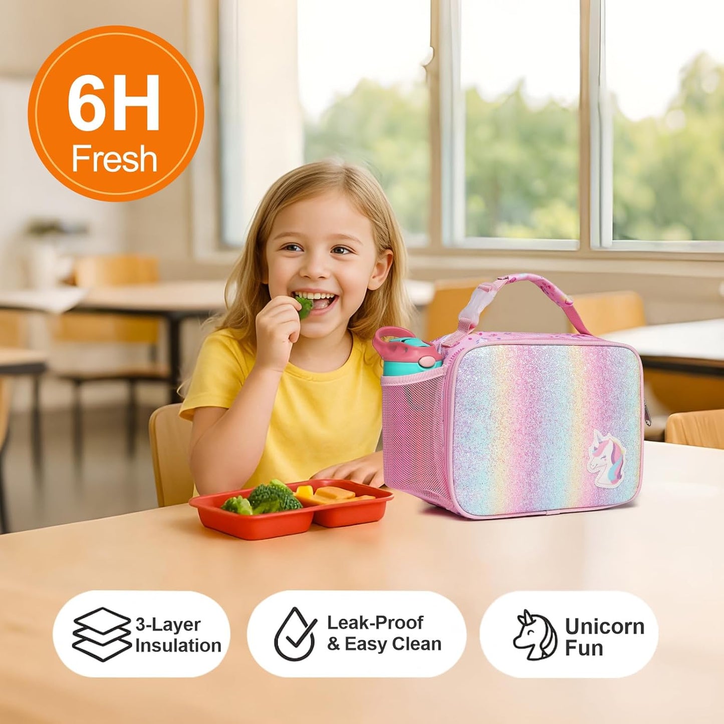 Bagseri Kids Lunch Bag Boys - Thermal Insulated Lunch Box Tote with Water Bottle Holder, Reusable Leak-Proof Kids Lunch Box for Daycare & School, Black Dinosaur (Containers Not Included)