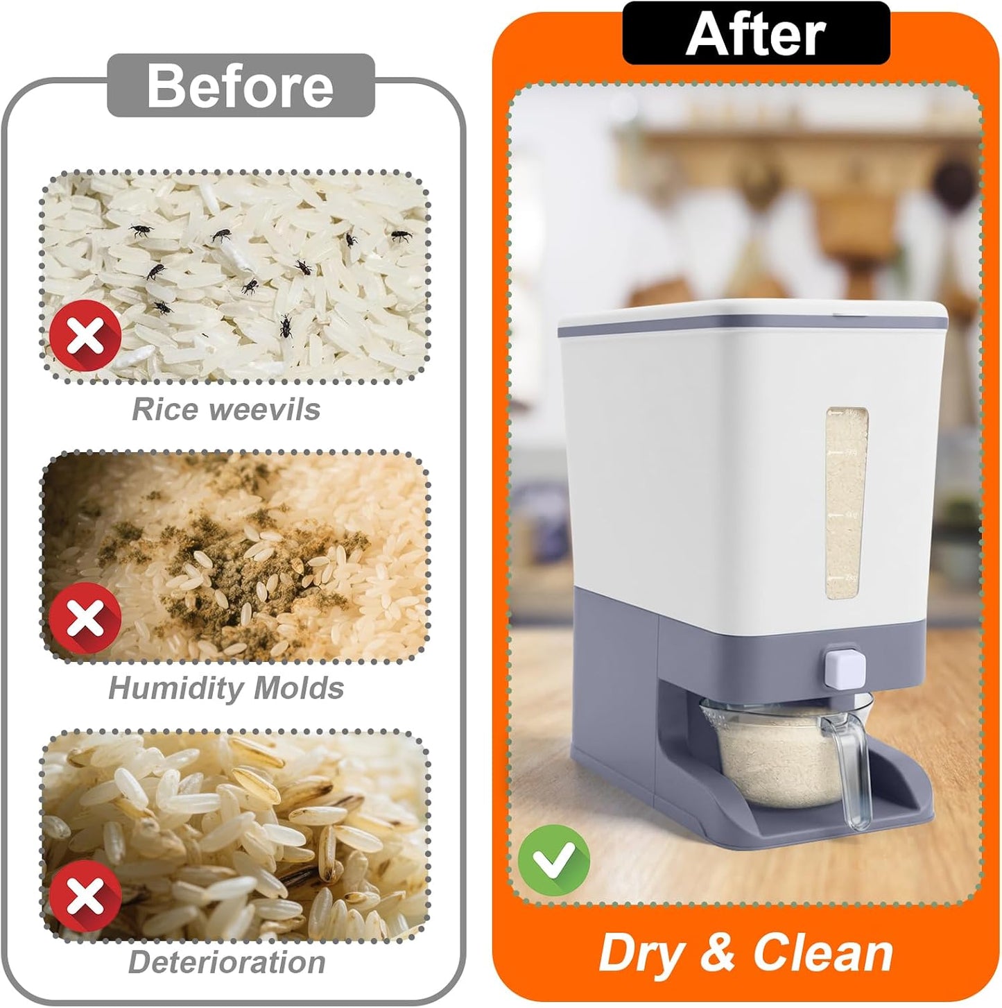 Mity rain Rice Dispenser 20 Lbs with Moisture Absorbing Clay, Rice Storage Container with Measuring Cup, 12 L Cereal Containers Storage Airtight for Kitchen Pantry Organization