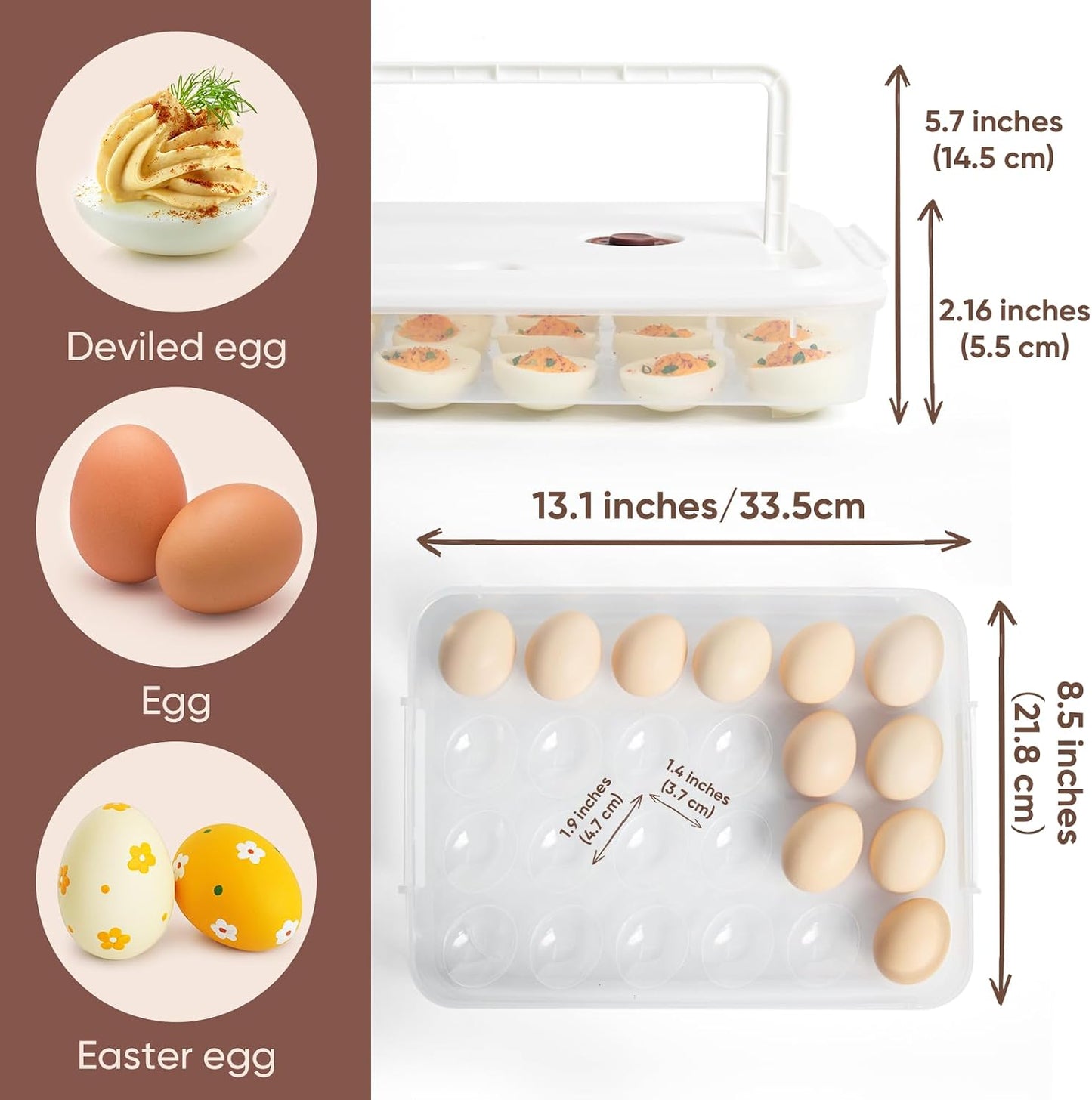77L Deviled Egg Containers with Lid, (Set of 2), Plastic Deviled Egg Carrier with Handle for 48 Eggs, Clear Storage Devil Egg Platter, Fridge Portable Egg Tray (White)