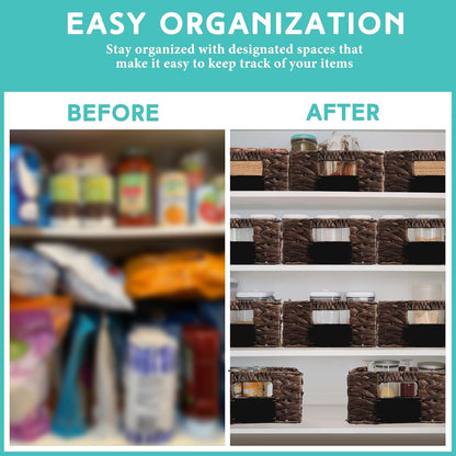 Nitial 8 Pcs Wicker Storage Basket, Rectangular Water Hyacinth Storage Basket for Shelving, Foldable Woven Pantry Organizer with Chalkboard Label and Chalk Marker (Natural,12 x 9 x 5 Inch)