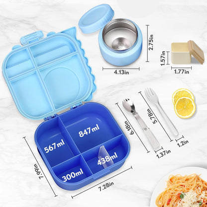 Lunch Box Kids with 5 Compartments, Insulated Food Jar & Utensils, Leak Proof Bento Box with Sauce Container, BPA-Free & Dishwasher Safe, Dinosaur Design(Purple)
