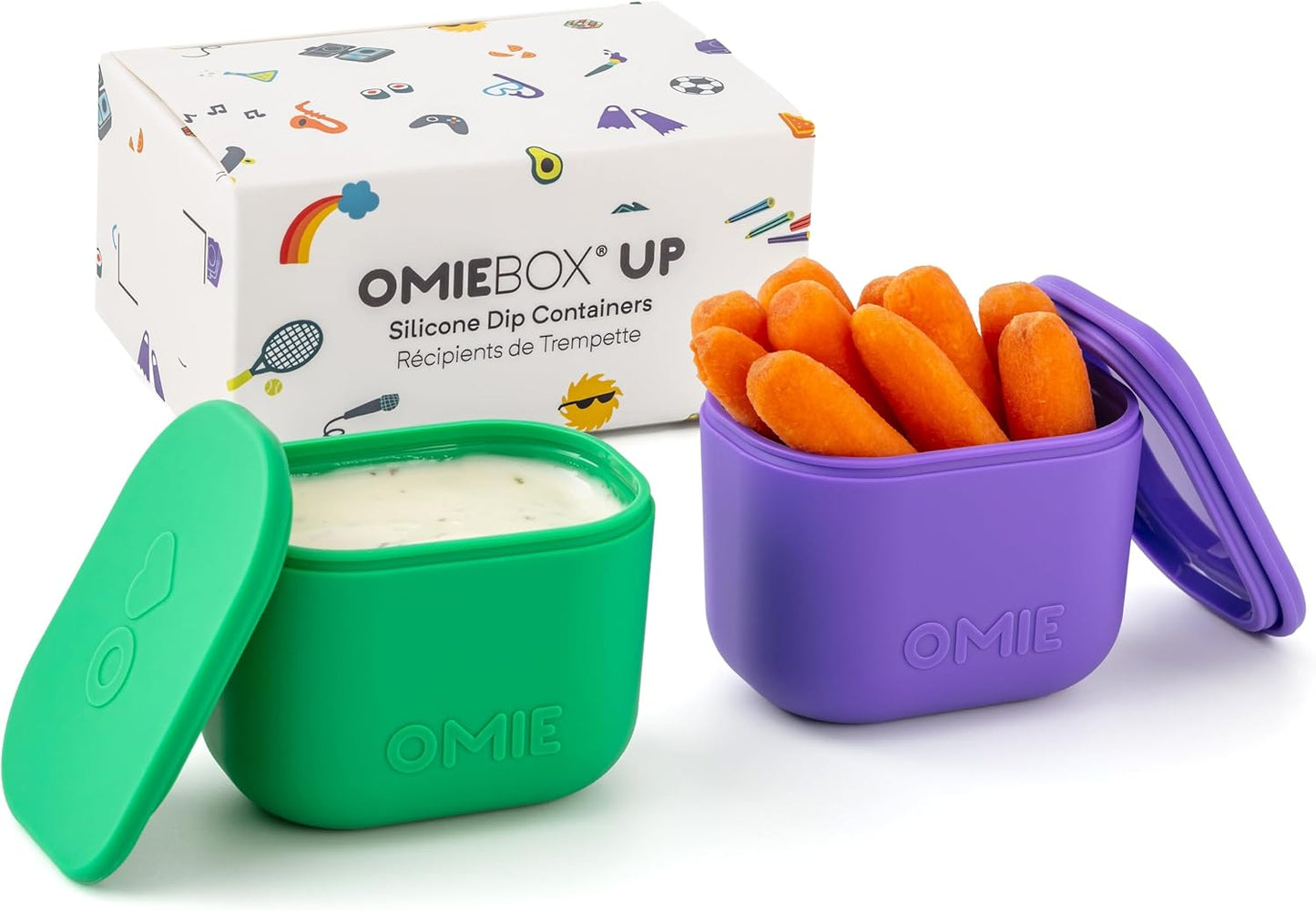 OmieBox (2 pack) Leakproof Dips Containers To Go, Salad Dressing Container, Condiment Container with Lids - Food Safe Silicone - 4 ounces (Blue/Lime)