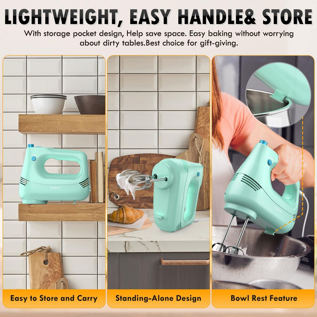 GUALIU Electric Hand Mixer, 304*(2* Beaters, 2* Dough Hooks), (1* Storage Bag) Handheld Mixer for Baking Cakes, Eggs, Cream Food Mixers, Turbo Boost /5 Speed Kitchen Blender PINK