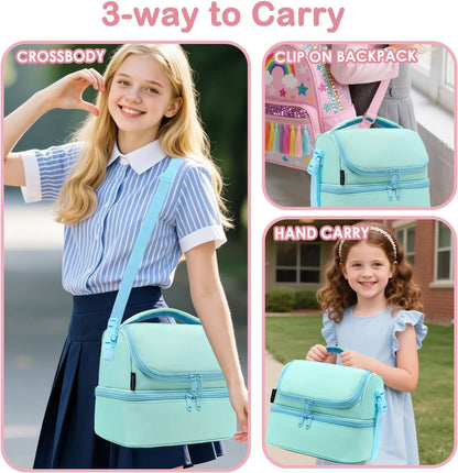 FlowFly Kids Double Decker Cooler Insulated Lunch Bag Large Tote for Boys, Girls, Men, Women, With Adjustable Strap, Unicorn