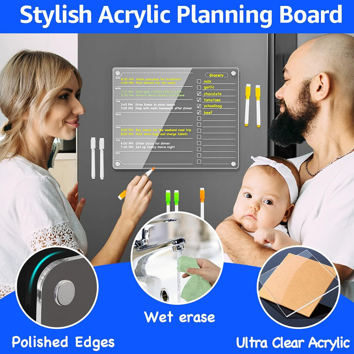 PigPotParty Acrylic Magnetic Chore Chart for Adults, 12x9.5 Inch Clear Dry Erase Chore Board for Fridge, Daily Weekly and Notes Sections, Pre-Installed Embedded Magnets, 8 Fine-tip Markers and Towel