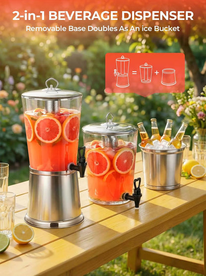 Beverage Dispenser With Stand, Stainless Steel Drink Dispenser for Parties, 2 Gallons drink dispenser with Ice Core & Spigot, Clear Acrylic Water Juice Jug for Home, Buffet, Weddings & Outdoor Events