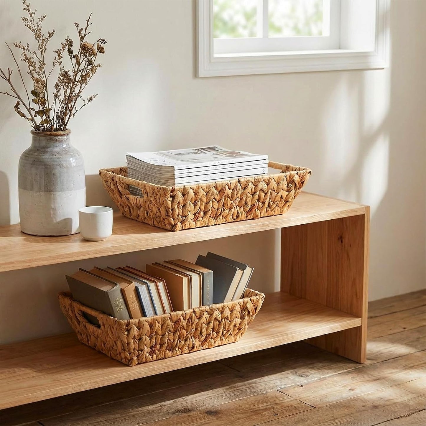 Novabright 4 Pcs Water Hyacinth Storage Baskets 14"L x 10''W x 4.7''H Large Wicker Woven Basket with Handles Pantry Gift Baskets Natural Storage Bins for Organizing Countertop