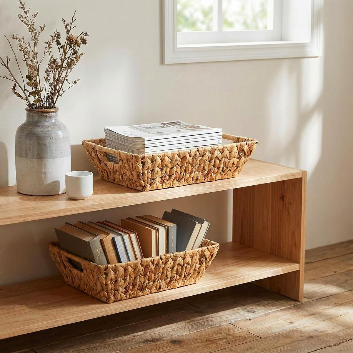 Novabright 4 Pcs Water Hyacinth Storage Baskets 14"L x 10''W x 4.7''H Large Wicker Woven Basket with Handles Pantry Gift Baskets Natural Storage Bins for Organizing Countertop