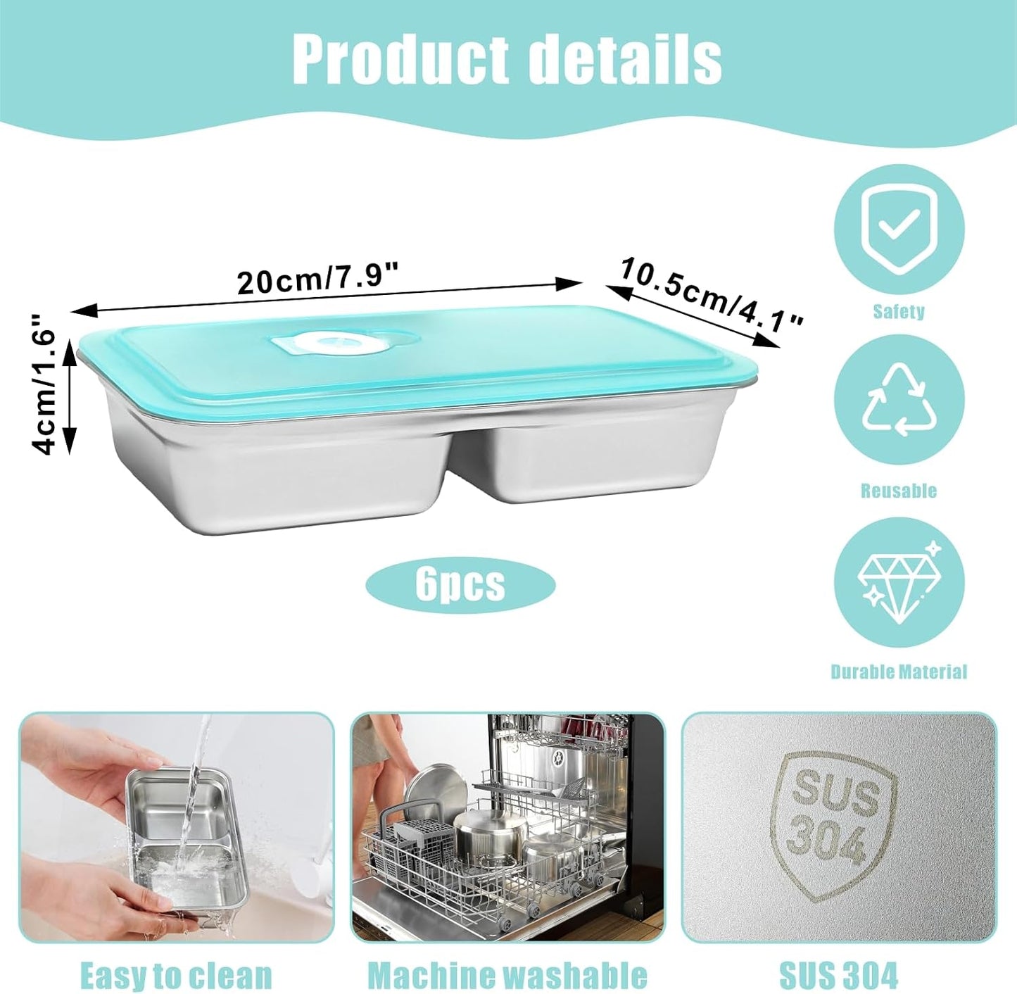 6 PCS Stainless Steel Snack Containers, Double Compartment Bento Box (30oz) with Leakproof Lids, Food Lunch Storage Box Dishwasher Safe & Reusable for Lunch Prep, Travel, Outdoor Camping
