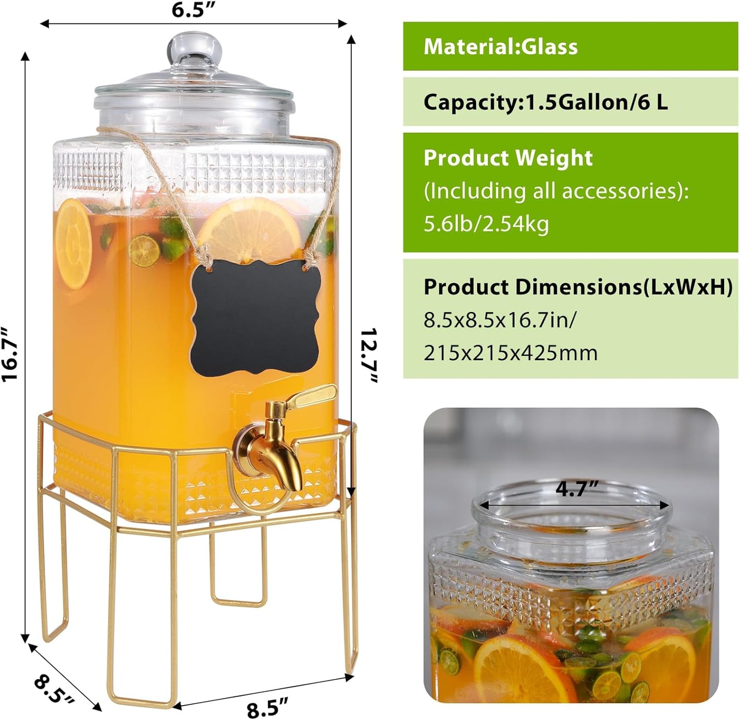 Drink Dispenser,2 Gallon Drink Dispensers for Parties,Beverage Dispenser with Stand,Glass Lid and Stainless Steel Spigot Leak-proof, Ideal for Lemonade,Juice, Tea, and Party Drinks